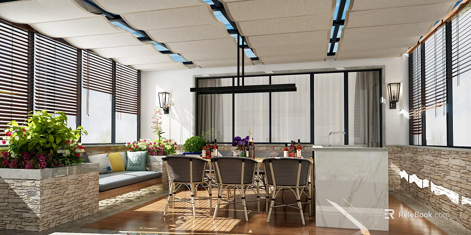 Modern Villa Balcony With Outdoor Dining Table Chairs Potted Plants And Sunlight 3d model 