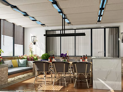 Modern Villa Balcony With Outdoor Dining Table Chairs Potted Plants And Sunlight 3d model