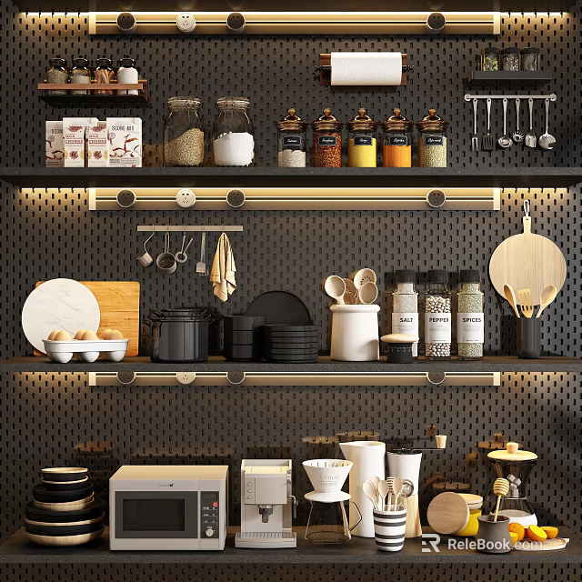 Organized Kitchen Storage Cabinets With Multiple Shelves Jars Plates Pans And Microwave 3d model 