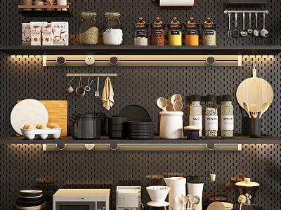 Organized Kitchen Storage Cabinets With Multiple Shelves Jars Plates Pans And Microwave 3d model