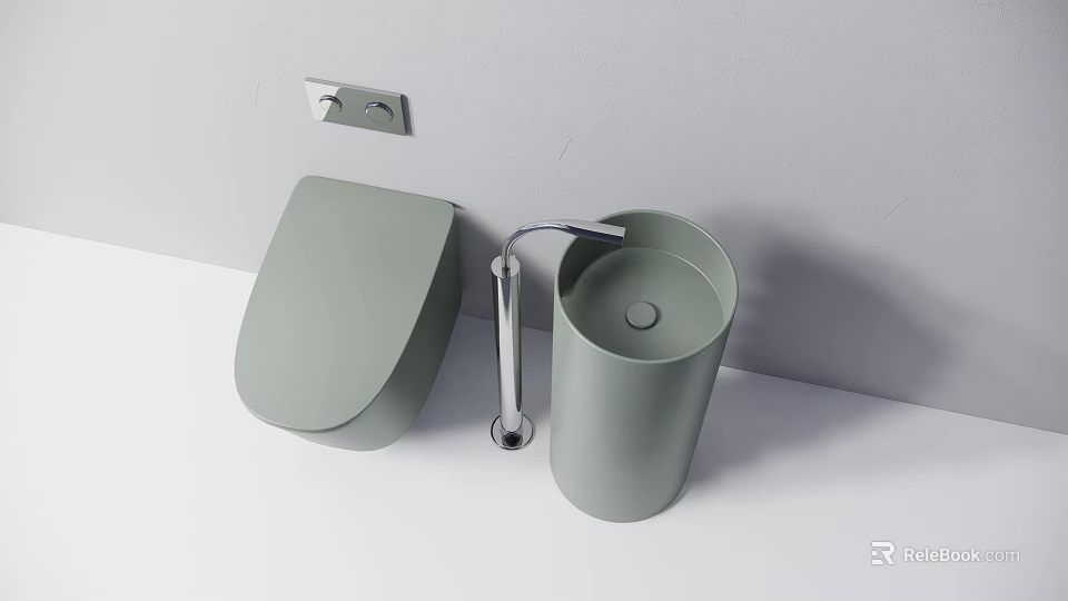 Light Green Wall Mounted Toilet with Matching Trash Can Silver Flush Button and Pipe 3d model 