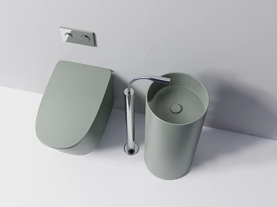 Light Green Wall Mounted Toilet with Matching Trash Can Silver Flush Button and Pipe 3d model