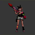 Colorful Haired Character With Pink Weapon And Fantasy Creature On Gray Background