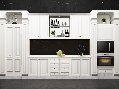 Modern White Wine Cabinet With Open Rack Wine Bottles Glasses And Green Plants 3d model