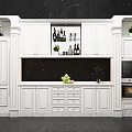 Modern White Wine Cabinet With Open Rack Wine Bottles Glasses And Green Plants