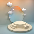 Minimalist Display Stand With Multi Tiered Platform Gradient Circular Mirror White Cloud Decor Soft Tones