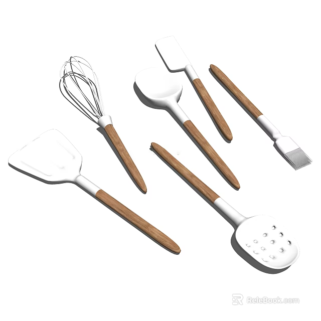 Essential Kitchen Utensils Set With Whisk Spatula Ladle And Wooden Handles 3d model 