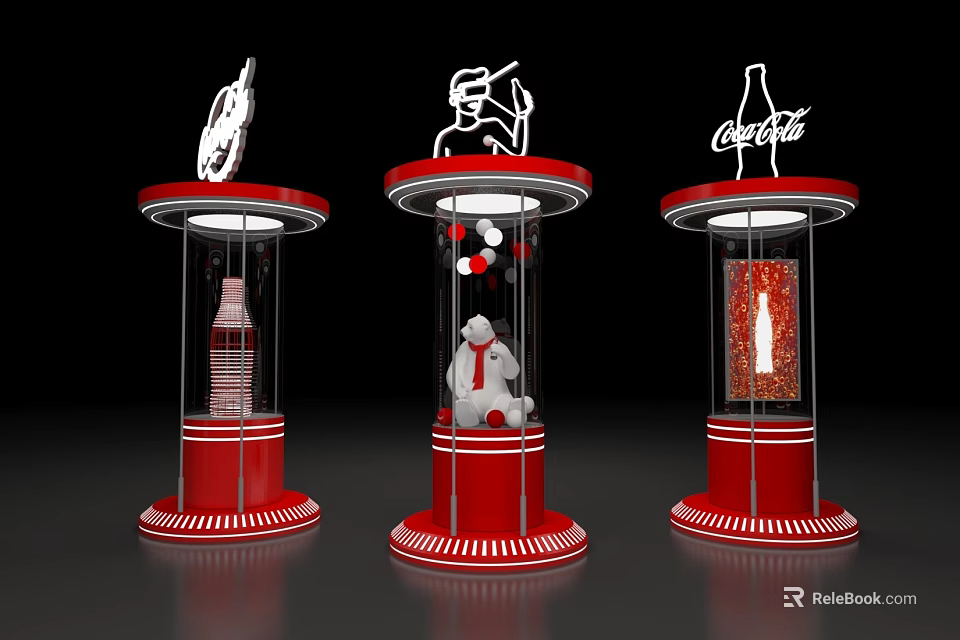Coca-Cola Themed Art Installations With Red Display Stands Bear And Bottle Models 3d model