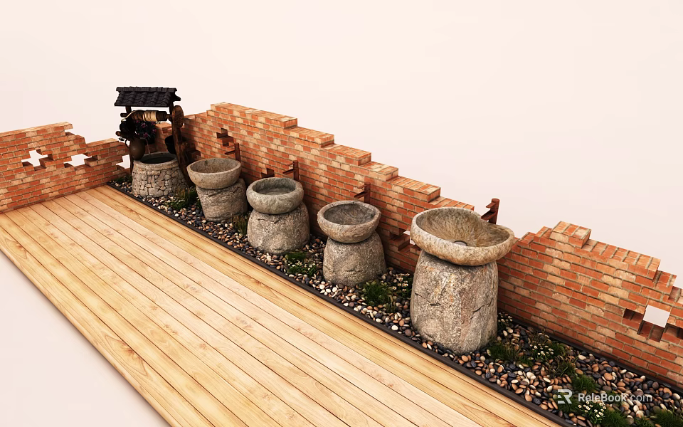 Rustic Stone Washbasins Arranged Along Red Brick Wall With Wooden Floor And Pebbles Greenery 3d model 