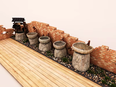 Rustic Stone Washbasins Arranged Along Red Brick Wall With Wooden Floor And Pebbles Greenery 3d model