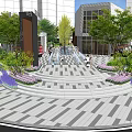Commercial Landscape Featuring Modern Glass-Walled Building Outdoor Dining Area Fountains And Pedestrians On Checkerboard Pavement