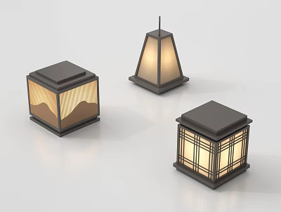 Stylish Outdoor Lights With Square Cone Shapes Mountain Grid Patterns And Metal Frames 3d model