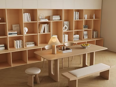 Minimalist Study Room Interior With Wooden Bookshelves Books Table Lamp And Long Wooden Table 3d model