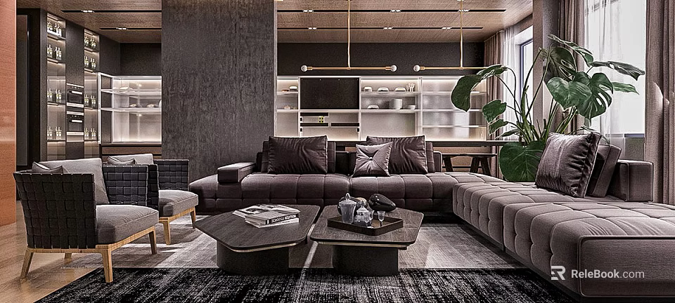 Luxury Modern Living Room With Large Plush Sectional Sofa And Elegant Built In TV Cabinet 3d model 