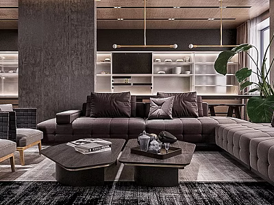 Luxury Modern Living Room With Large Plush Sectional Sofa And Elegant Built In TV Cabinet 3d model