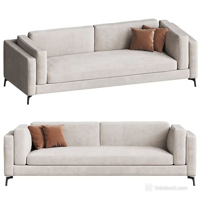 Modern Beige Fabric Multi-seat Sofa With Brown Cushions And Black Metal Legs 3d model 