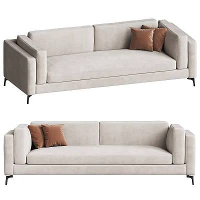Modern Beige Fabric Multi-seat Sofa With Brown Cushions And Black Metal Legs 3d model