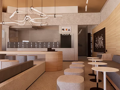 Modern Hotpot Restaurant Interior Design With Pendant Lights Booth Seats Round Tables And Wall Decor 3d model
