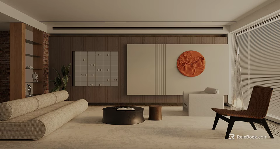 Modern Living Room Interior With Beige Sofa Coffee Table Wooden Wall And Orange Decorative Art 3d model 