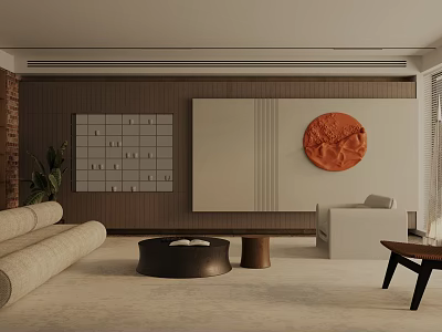 Modern Living Room Interior With Beige Sofa Coffee Table Wooden Wall And Orange Decorative Art 3d model