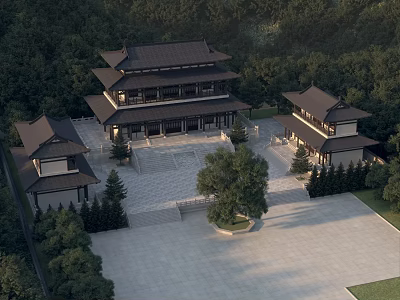 Ancient Chinese Architecture Complex With Multi Story Pavilions Classic Roofs And Tree Surrounded Stone Courtyard 3d model