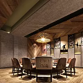 Elegant Restaurant Corridor With Wooden Walls Geometric Patterned Surfaces Green Plant Decor And Patterned Flooring