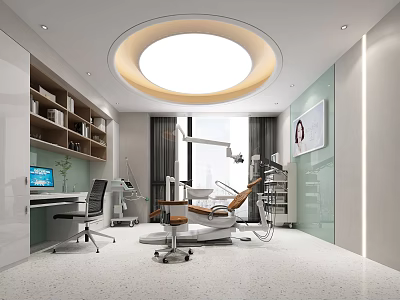 Modern Dental Clinic Interior With White Tone Dental Chair Computer Bookshelf Window And Ceiling Lamp 3d model