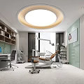 Modern Dental Clinic Interior With White Tone Dental Chair Computer Bookshelf Window And Ceiling Lamp