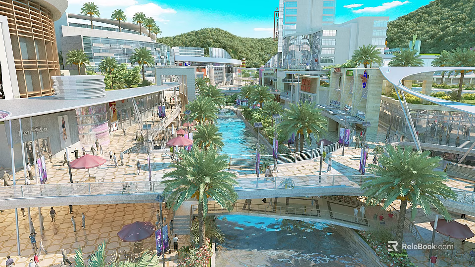 Modern Commercial Street with Palm Trees Water Channels Modern Buildings Pedestrians and Umbrella Seating 3d model 