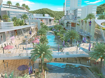 Modern Commercial Street with Palm Trees Water Channels Modern Buildings Pedestrians and Umbrella Seating 3d model
