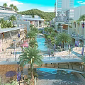 Modern Commercial Street with Palm Trees Water Channels Modern Buildings Pedestrians and Umbrella Seating