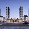 Modern Entrance Gate Design With Glass Doors Water Pool And High Rise Buildings