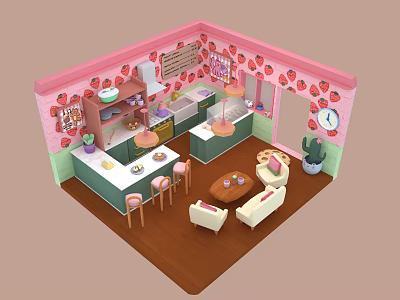 Cartoon Strawberry Themed Room Interior With Pink Green Walls Kitchen Sofa And Wooden Floor 3d model