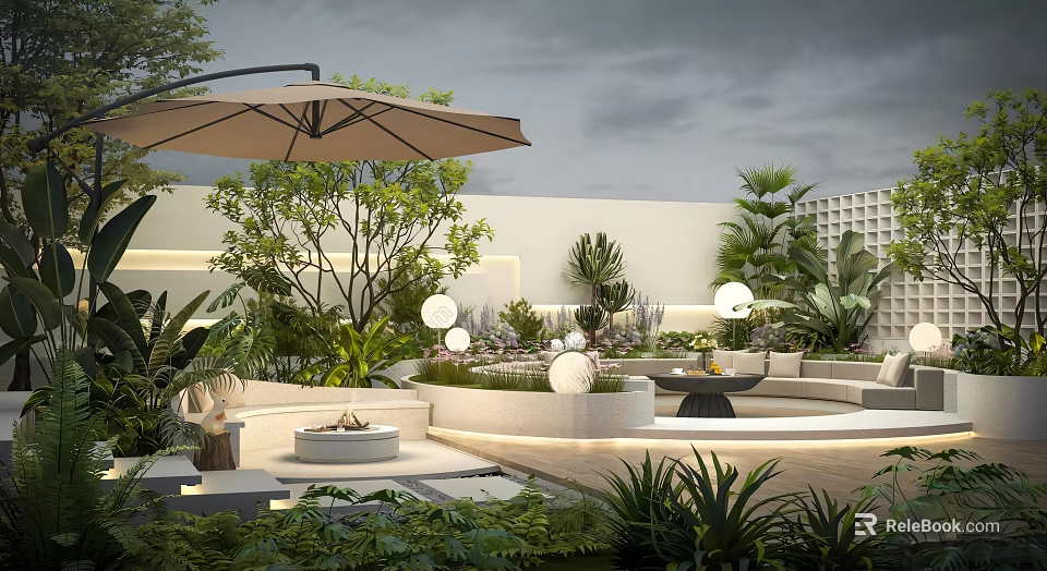 Luxurious Courtyard Garden With Outdoor Sofa Large Umbrella Round Lights And Lush Green Plants 3d model 