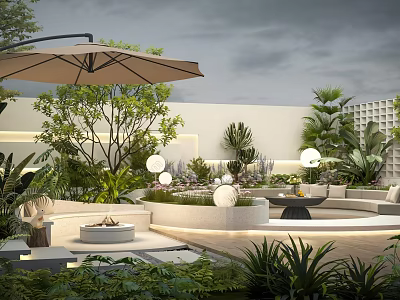 Luxurious Courtyard Garden With Outdoor Sofa Large Umbrella Round Lights And Lush Green Plants 3d model