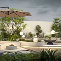 Luxurious Courtyard Garden With Outdoor Sofa Large Umbrella Round Lights And Lush Green Plants