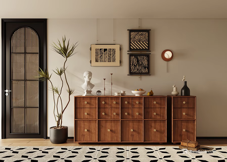 Wooden Decorative Cabinet With Sculpture Vase And Wall Art Near Potted Plant On Geometric Rug 3d model 