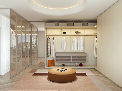 Modern Walk-in Closet Interior With Glass Doors Hanging Clothes And Storage Cabinets 3d model