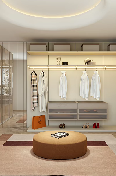 Modern Walk-in Closet Interior With Glass Doors Hanging Clothes And Storage Cabinets 3d model
