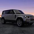 White Modern SUV With Sleek Body LED Headlights Sunset Sky And Gray Concrete Ground