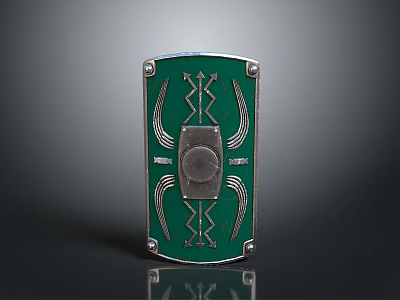Green Ornate Shield with Silver Metal Decor Central Round Emblem and Edge Rivets 3d model