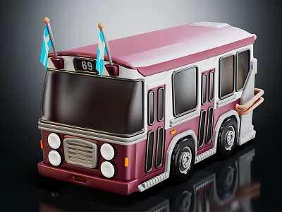 Maroon Bus Model Featuring Blue And White Flags And Number 69 On Front 3d model