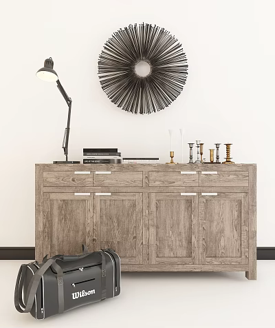 Modern Wooden TV Stand with Table Lamp Decorative Wall Art and Gold Candlesticks 3d model