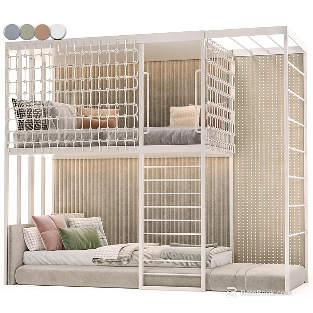 Modern White Bunk Bed With Grid Lattice Structure Ladder Soft Mattress And Pillows Interior Design 3d model 
