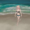 Woman Walking On Beach In Bikini Under Blue Sky With White Clouds And Turquoise Sea