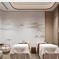 Serene Chinese Style SPA Sauna Interior With Massage Beds And Landscape Painting