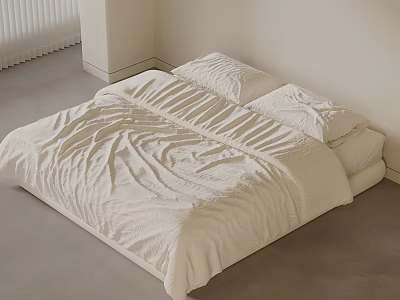 Minimalist Double Bed With White Quilt And Pillows In Neutral Room Interior 3d model