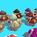 Colorful Cartoon Scene with Various Mushroom Houses Windmill and Small Elements like Trees Barrels
