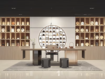 Modern Tea Room Interior Design With Wooden Shelves Tea Sets Circular Display And Stools 3d model