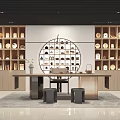 Modern Tea Room Interior Design With Wooden Shelves Tea Sets Circular Display And Stools